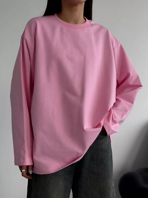 Long Sleeves Loose Solid Color Round-Neck T-Shirts Tops Product Image