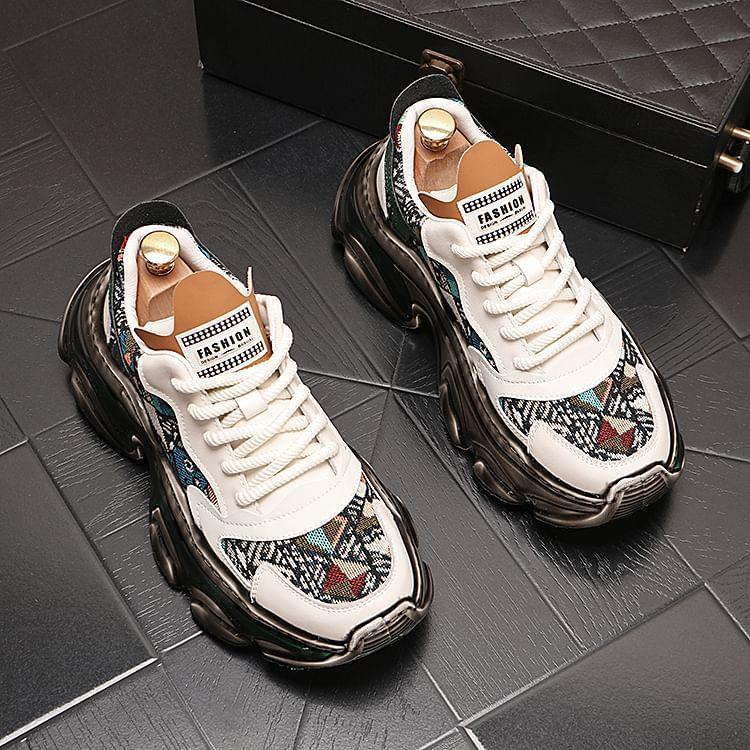 Patterned Applique Lace-Up Platform Sneakers Product Image