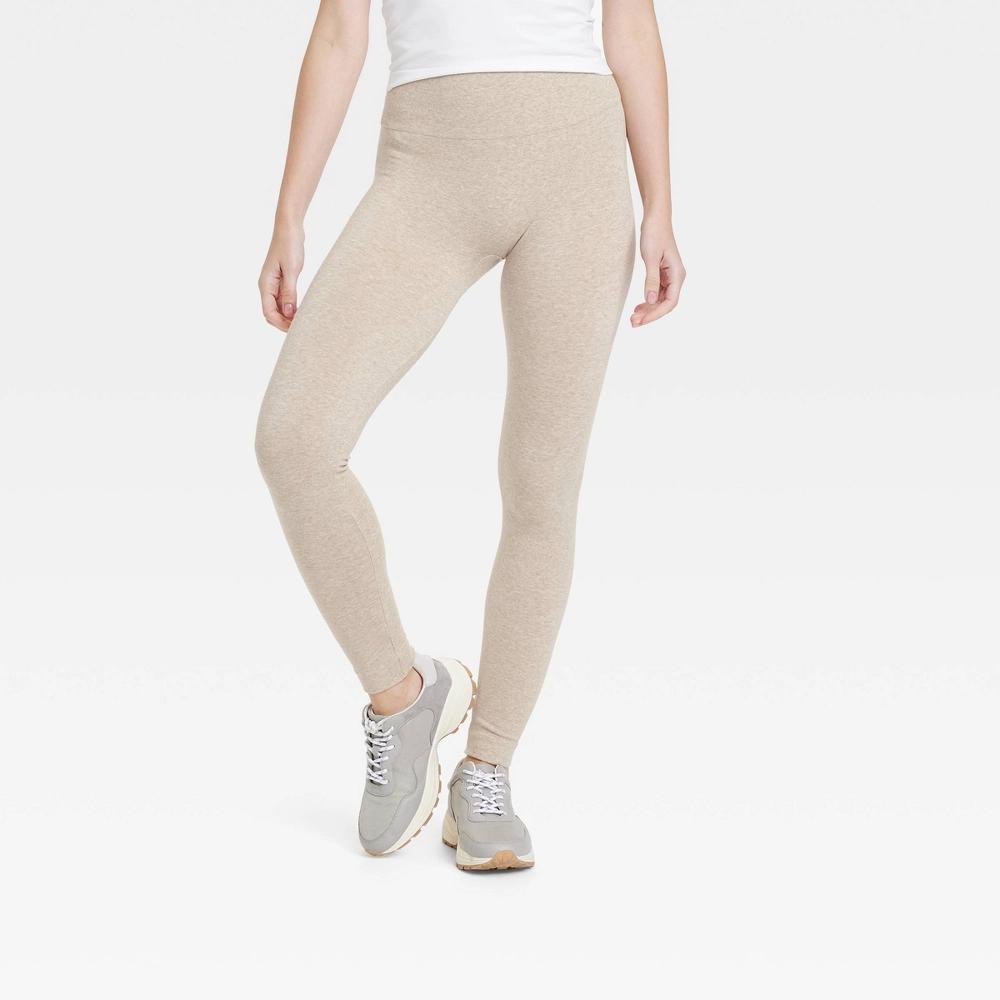 Women's High Waisted Cotton Seamless Fleece Lined Leggings - A New Day™ Black L/XL Product Image