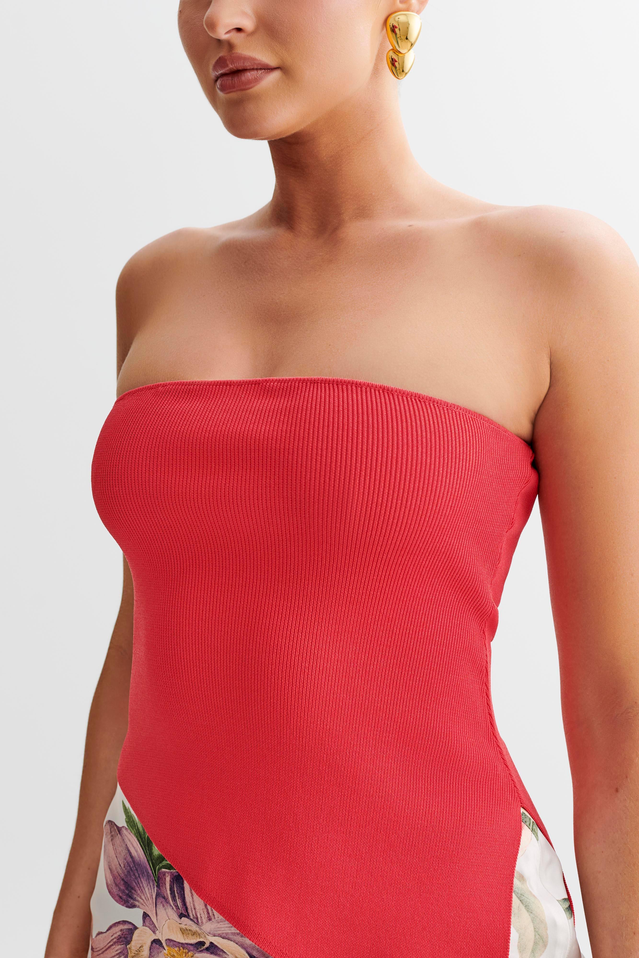 Sidney Asymmetrical Strapless Knit Top - Pomegranate Product Image