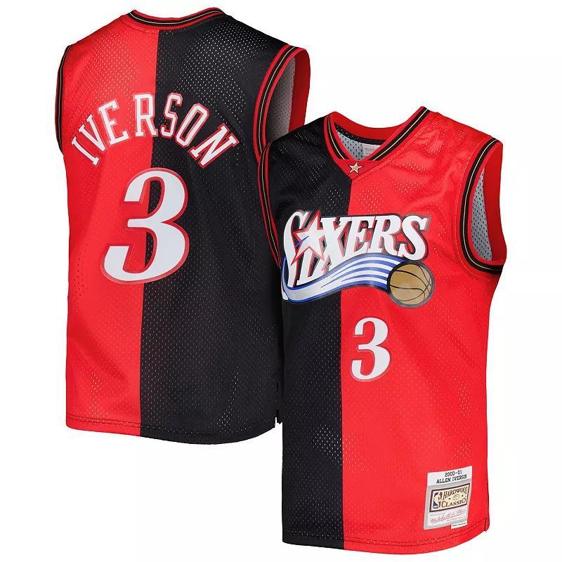 Mens Mitchell & Ness Allen Iverson Black/Red Philadelphia 76ers Hardwood Classics 2000/01 Split Swingman Jersey Product Image