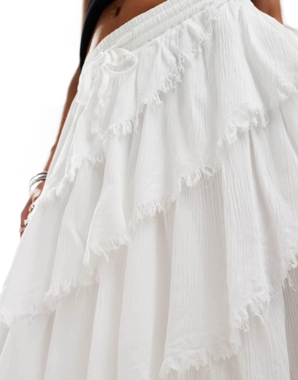 Miss Selfridge textured asymmetric tiered frayed edge maxi skirt in white Product Image