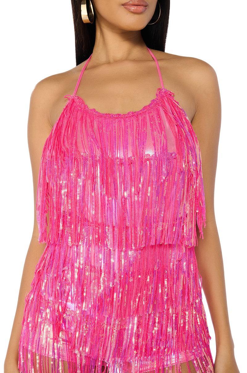 FLAPPER FRINGE ROMPER IN HOT PINK Product Image