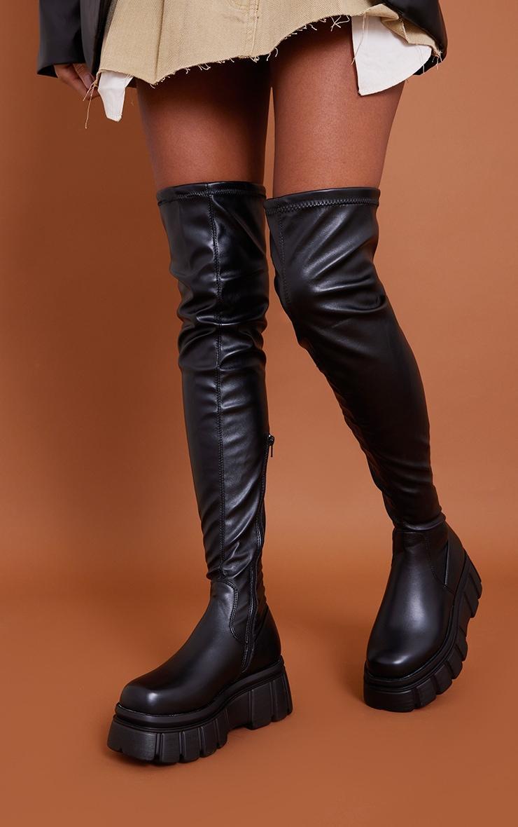 Black Extreme Flatform Sole Biker Over The Knee Boots Product Image