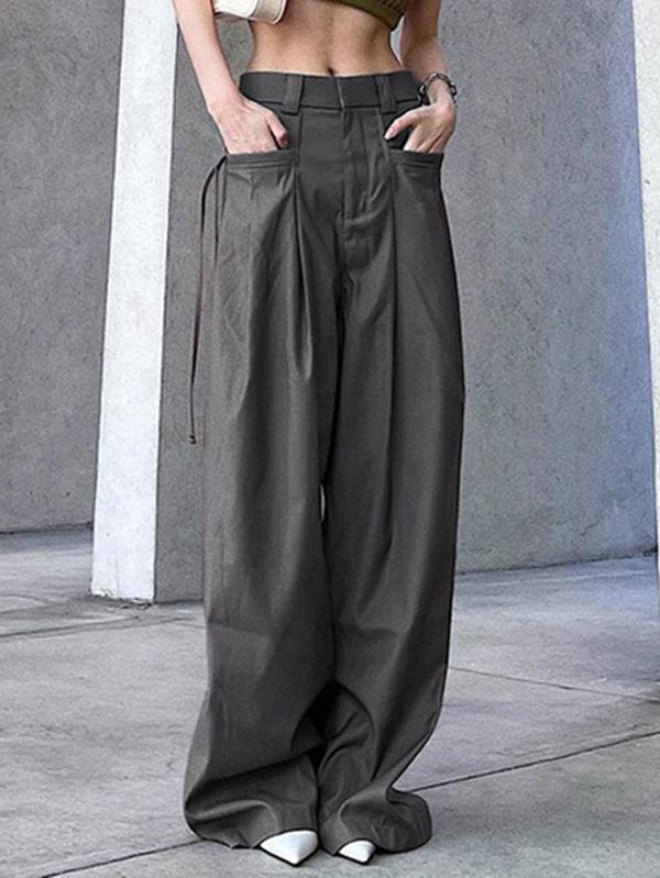 High Waisted Loose Pleated Solid Color Split-Joint Streamer Pants Trousers Product Image