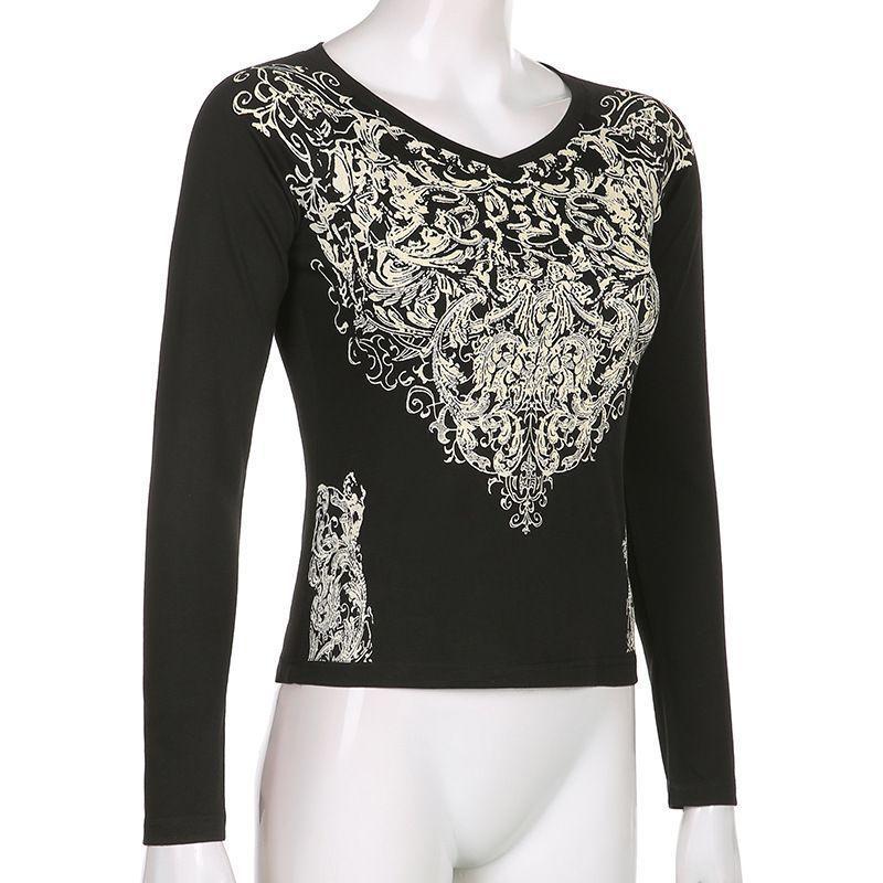 Printed Round Neck Long Sleeve Skinny Top Product Image