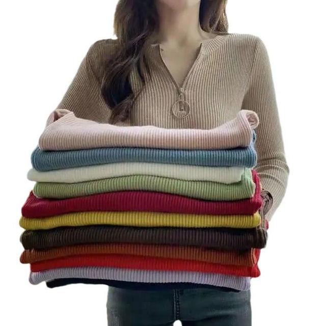 Long Sleeve V-Neck Half Zip Plain Knitted Top Product Image