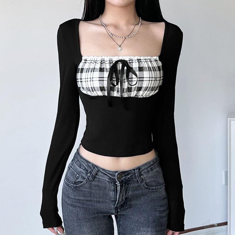 Long-Sleeve Square Neck Plaid Panel Bow Cropped Tee Product Image