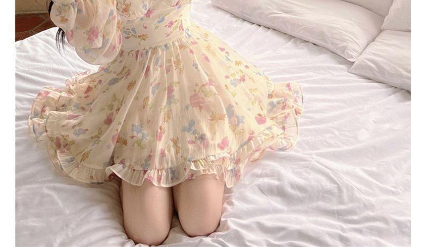 Off-Shoulder Puff-Sleeve Floral Print Mini A-Line Dress Product Image