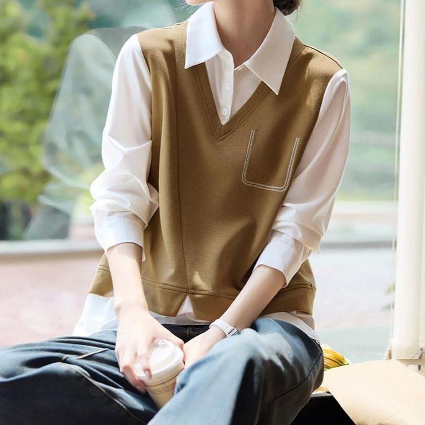 Mock Two-Piece Long-Sleeve Two Tone Knit Shirt Product Image