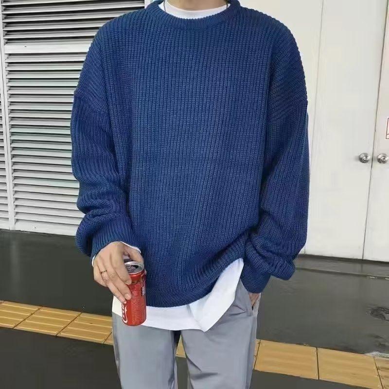 Crew Neck Plain Ribbed Knit Oversized Sweater Product Image