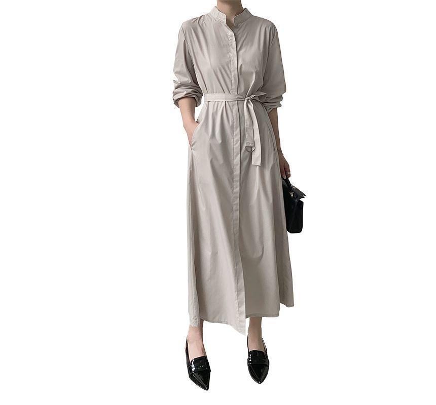 Long-Sleeve Plain Satin Midi Shirt Dress Product Image