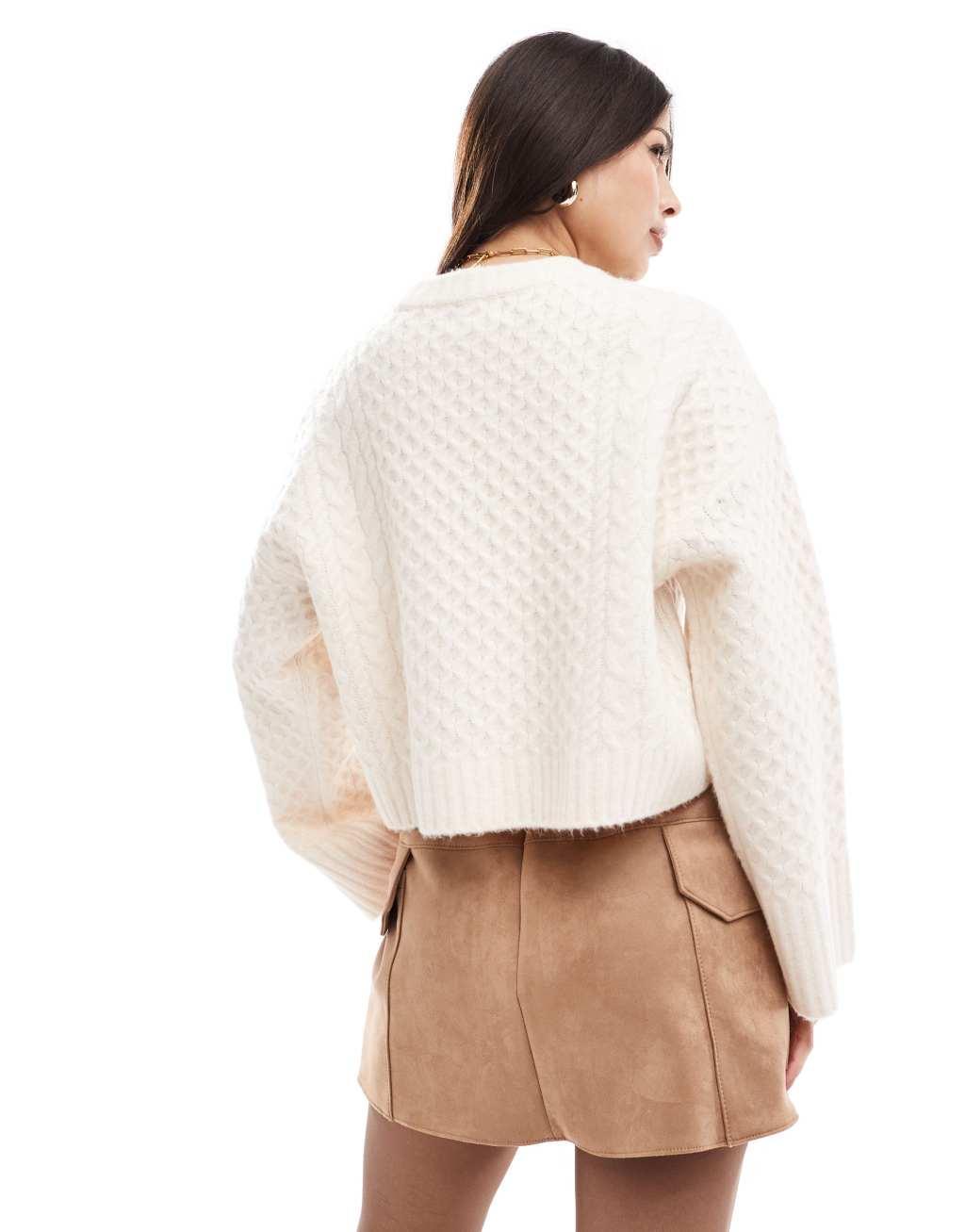 ASOS DESIGN crew neck boxy sweater with wide cuff in cable knit in cream Product Image