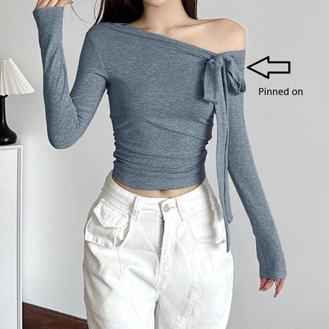 Short Sleeve / Long Sleeve Off-Shoulder Knotted Slim-Fit Crop Top Product Image