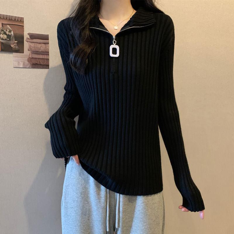 Long-Sleeve Collar Plain Half-Zip Ribbed Knit Top Product Image