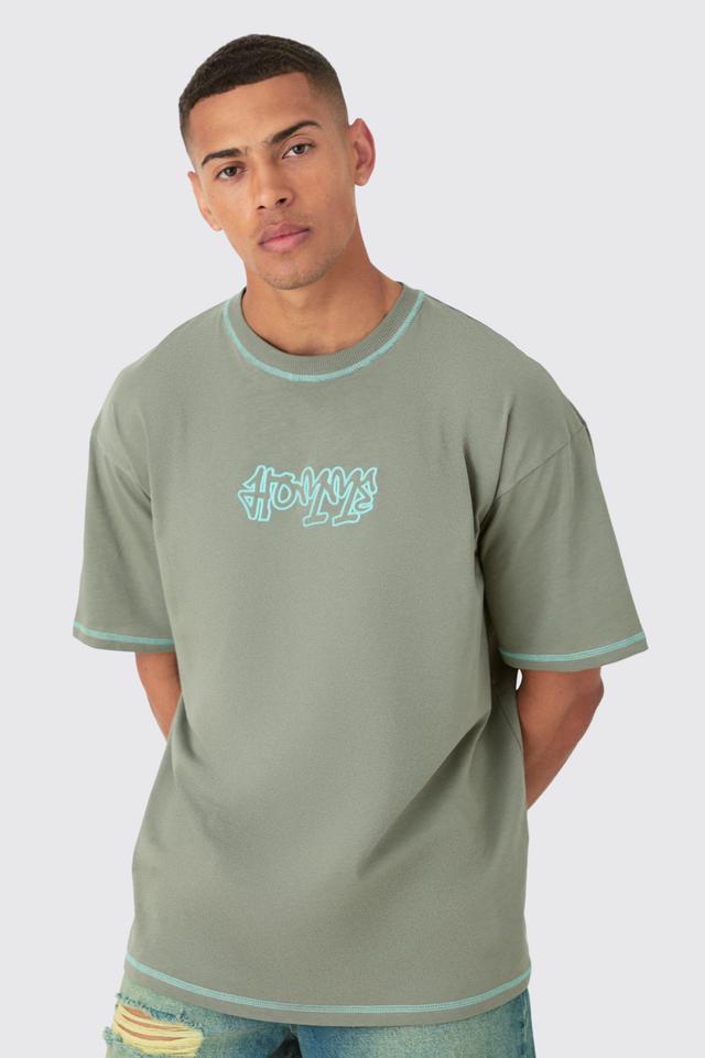 Mens Green Oversized Contrast Stitch Embroidered T-shirt, Green Product Image