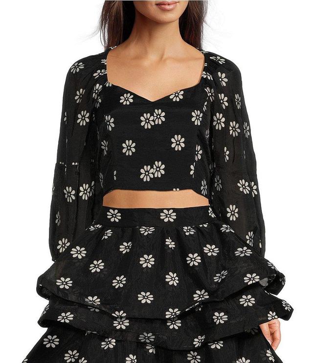 Buru Woven Brocade Floral Print Sweetheart Neck Long Balloon Sleeve Smocked Keyhole Back Cropped Coordinating Bustier Top Product Image