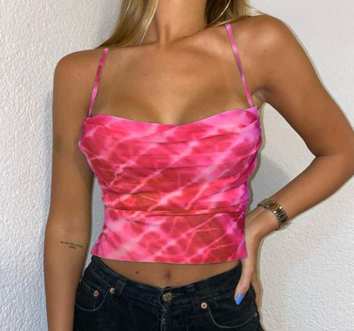 Cowl-Neck Tie-Dye Ribbon-Back Cropped Camisole Top Product Image