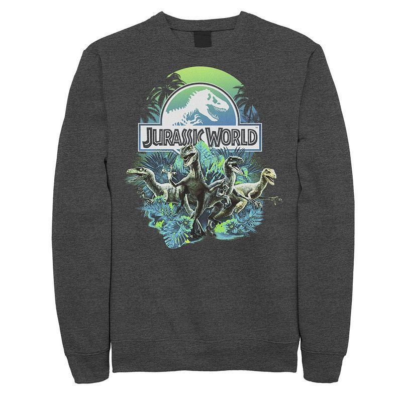 Mens Jurassic World Blue Green Jungle Velociraptor Attack Fleece Graphic Pullover Grey Heather Product Image