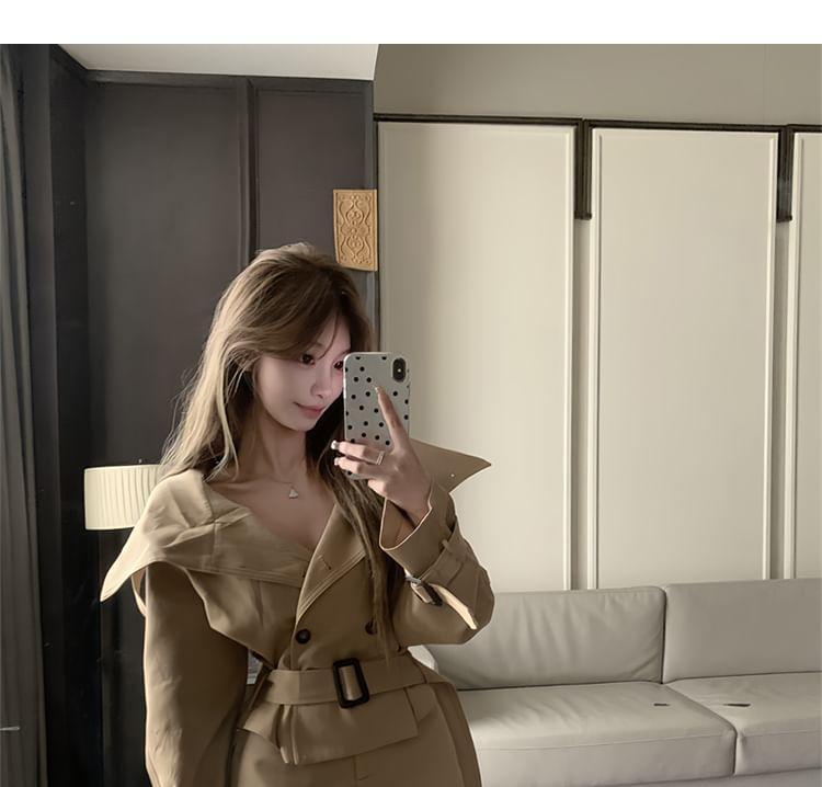 Collared Plain Double Breasted Belted Trench Jacket / High Waist Mini A-Line Skort Product Image