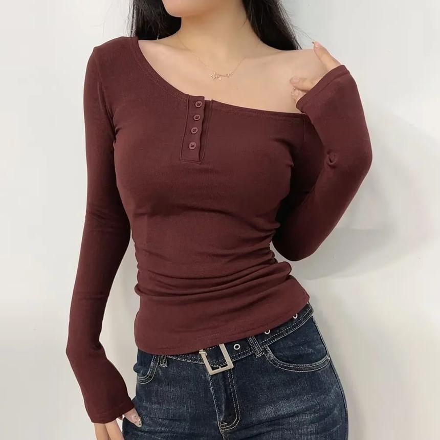 Long-Sleeve One-Shoulder Henley Plain T-Shirt Product Image