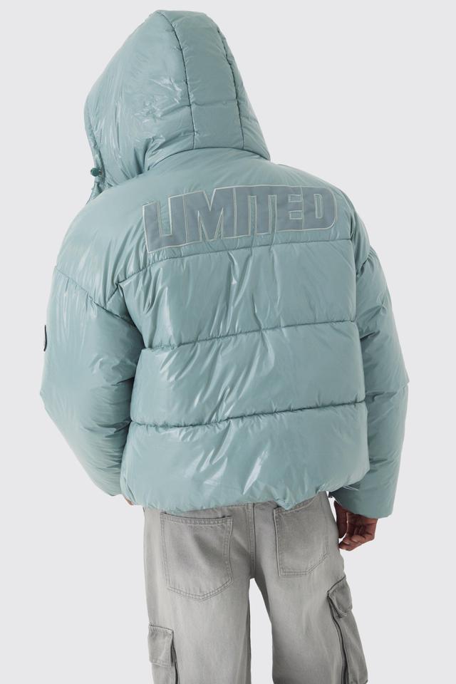 Oversized Limited Embroidered Hooded Puffer In Light Blue | boohooMAN USA Product Image