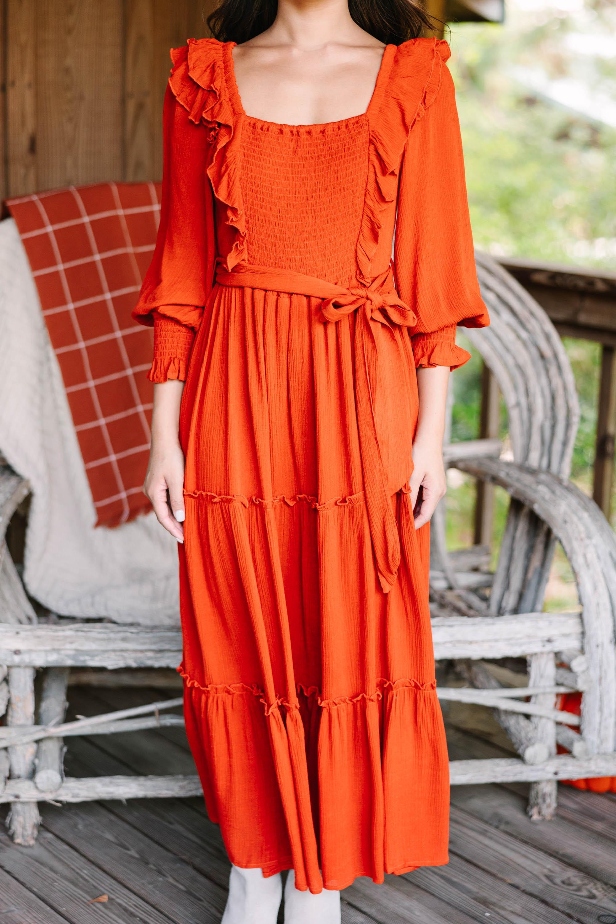 Feel Your Love Rust Orange Ruffled Midi Dress Female Product Image