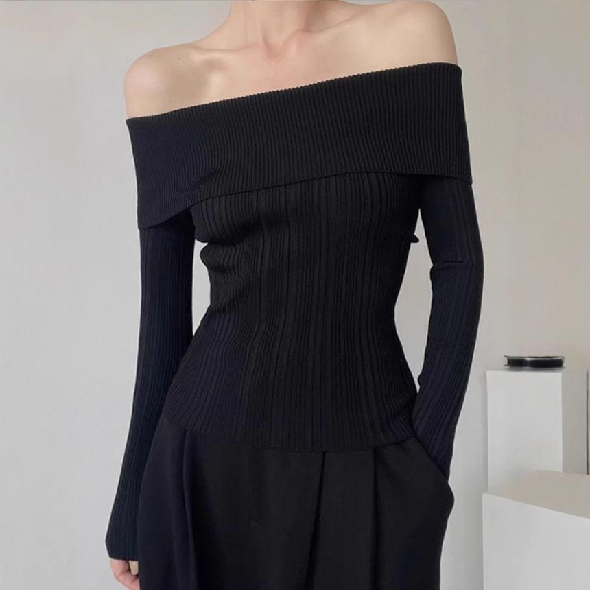 Long Sleeve Off Shoulder Plain Ribbed Knit Top Product Image