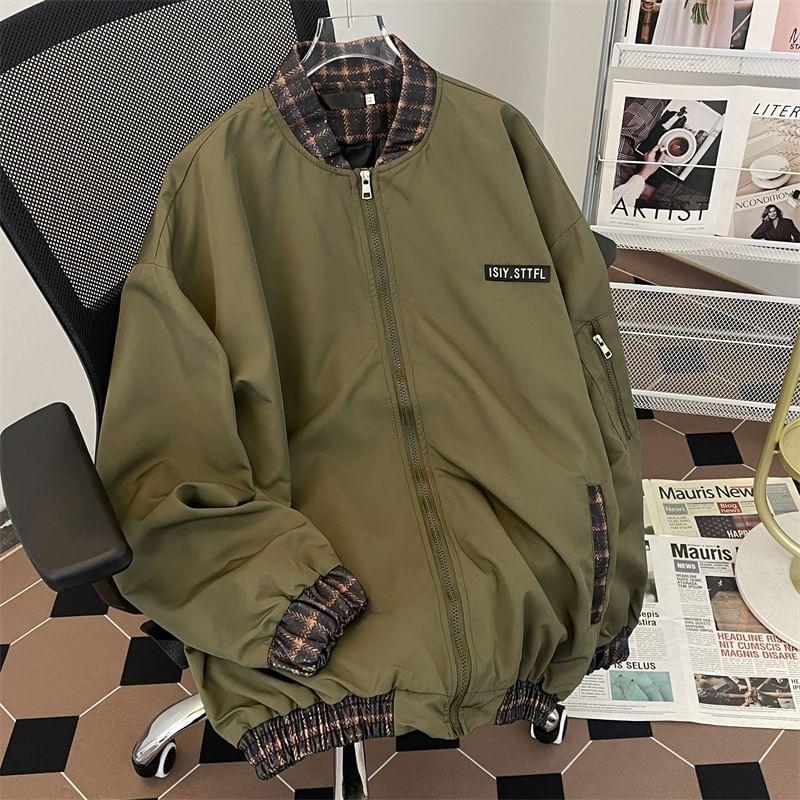 Plaid Panel Zip-Up Bomber Jacket Product Image