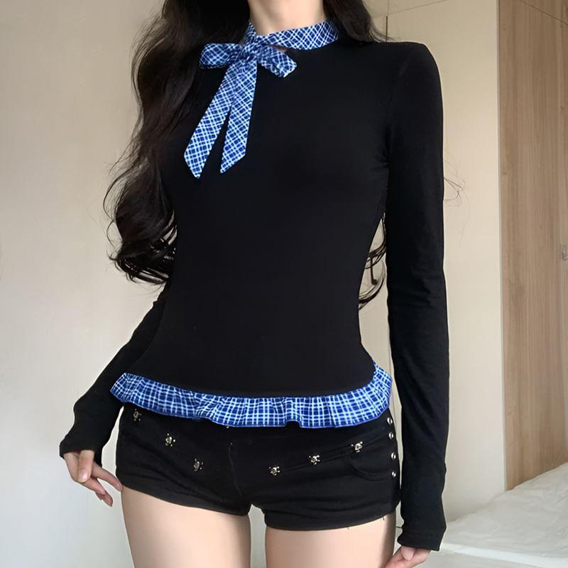 Long Sleeve Round Neck Plaid Ruffle Hem Top Product Image