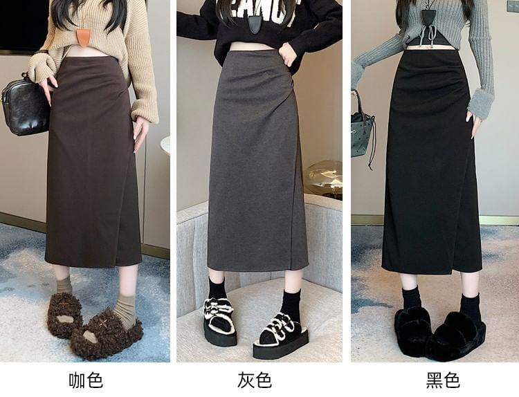 High Waist Plain Ruched A-Line Midi Skirt Product Image