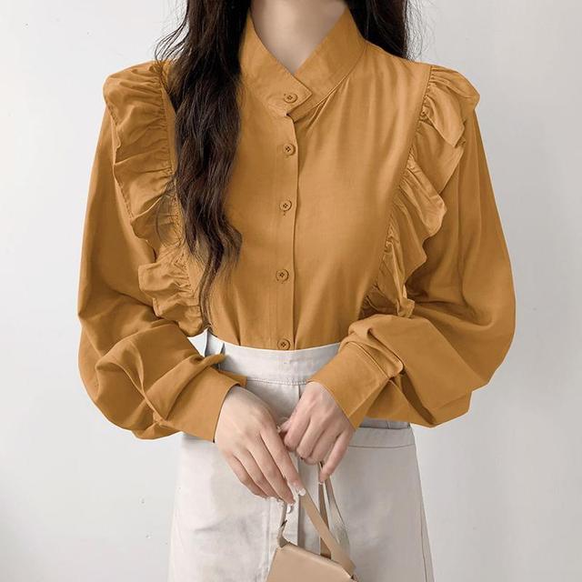 Band Collar Plain Ruffle Trim Shirt Product Image