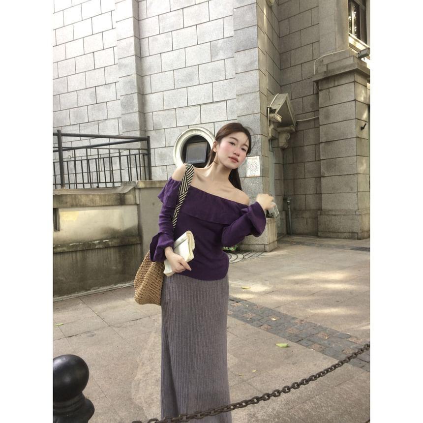 Long-Sleeve Off-Shoulder Plain Ruffle Trim Slim Fit Knit Top / High Waist Maxi Straight Skirt Product Image