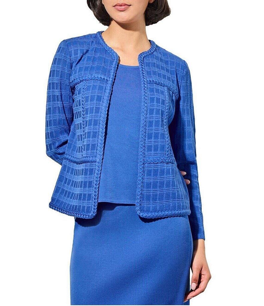 Ming Wang Amica Textured Knit Round Neck Long Sleeve Braided Trim Jacket Product Image