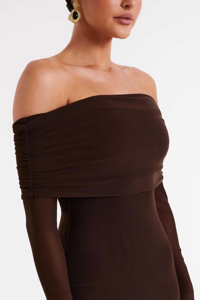 Josie Off Shoulder Mesh Maxi Dress - Dark Brown Product Image