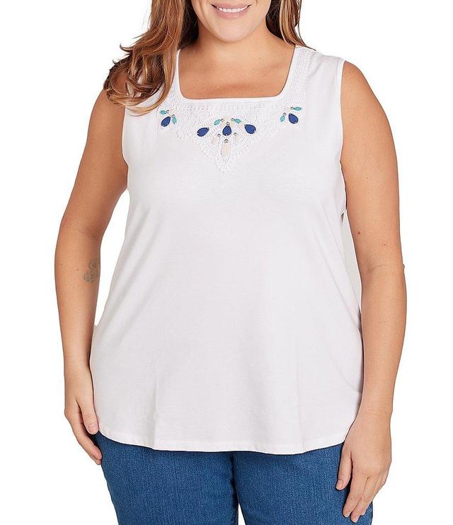 Ruby Rd. Plus Size Knit Embroidered Square Neck Sleeveless Embellished Tank Product Image