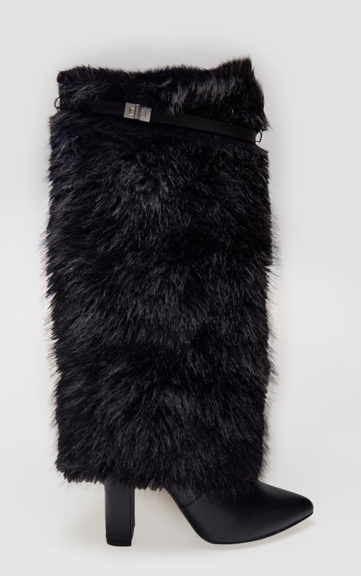 Black Wide Fit Faux Fur Fold Over Belt Detail Heeled Boots Product Image