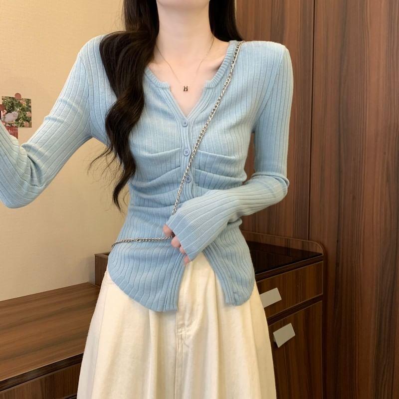 Long-Sleeve Notch Neck Plain Ribbed Button Knit Top Product Image