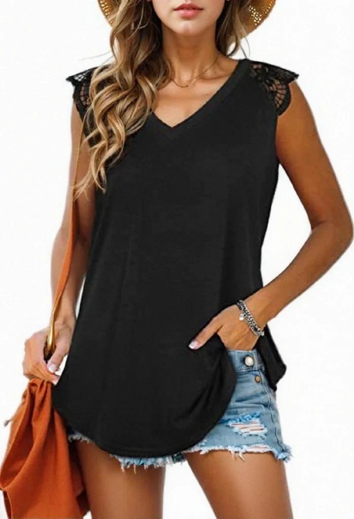 Olivia Mark –  Chic Sleeveless T-shirt with Flared Sleeves and Delicate Lace Trim, in a Loose Fit Design Product Image