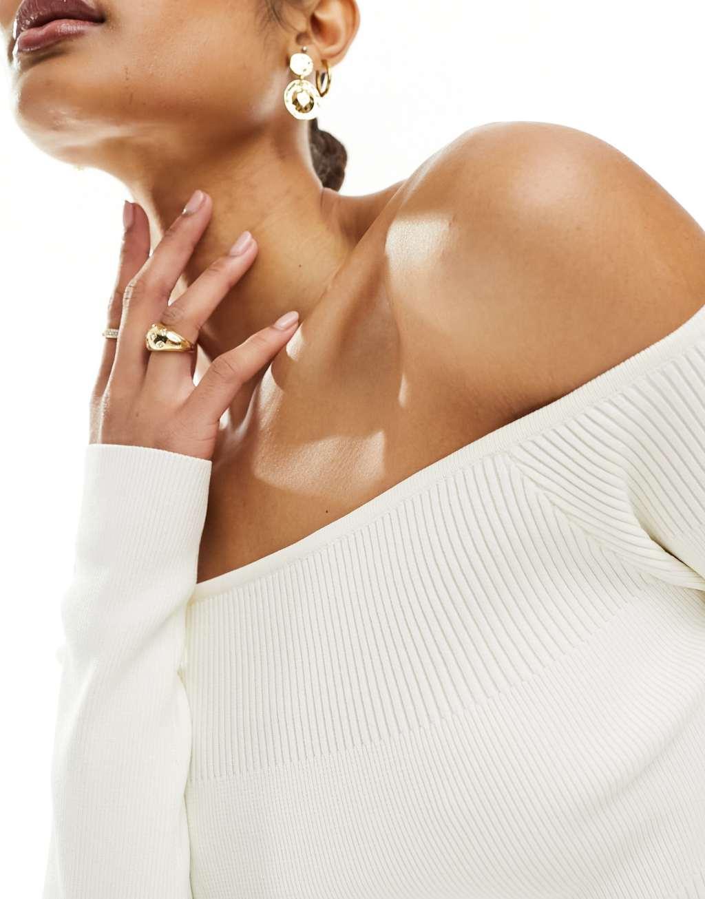 ASOS DESIGN sculpted knit off shoulder top in cream Product Image