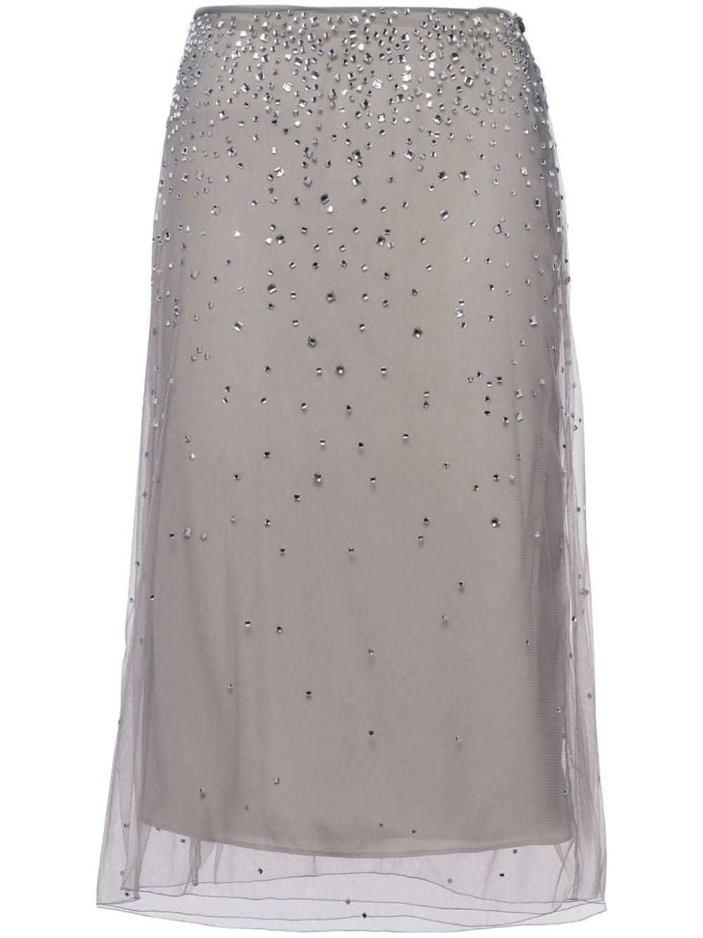 Crystal-studded Tulle Midi-skirt In Grey Product Image