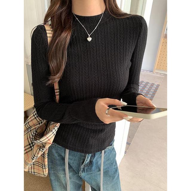 Mock Neck Plain Cable Knit Top Product Image