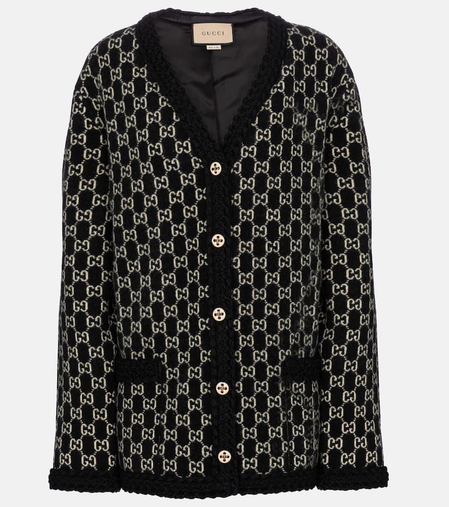 GUCCI Black Metallic Monogram Intarsia Cardigan In Black - Ivory Product Image