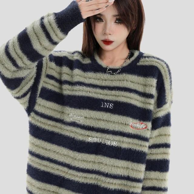 Crewneck Striped Lettering Sweater Product Image