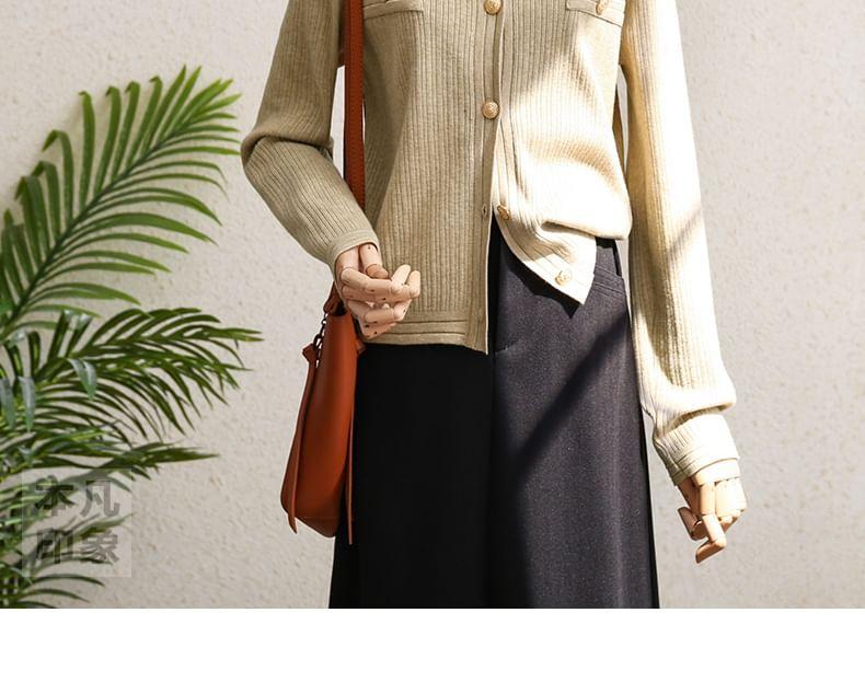 Round Neck Plain Ribbed Cardigan Product Image