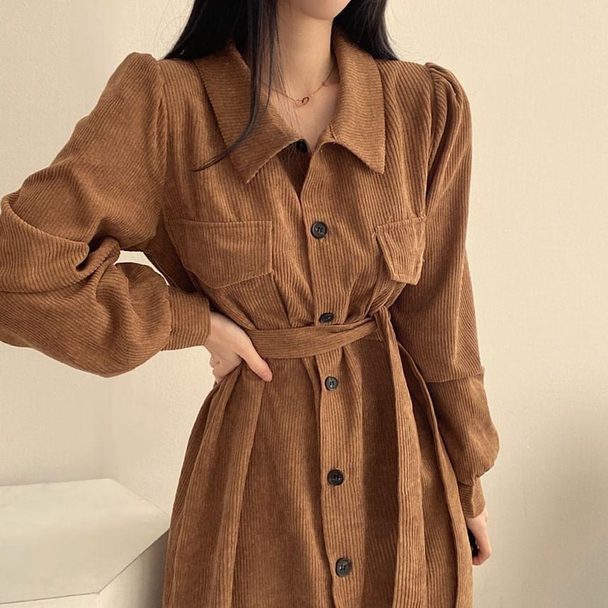 Collared Button-Up Plain Long Trench Coat Product Image