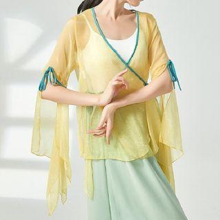 Bell-Sleeve Sheer Wrap Dance Top Product Image