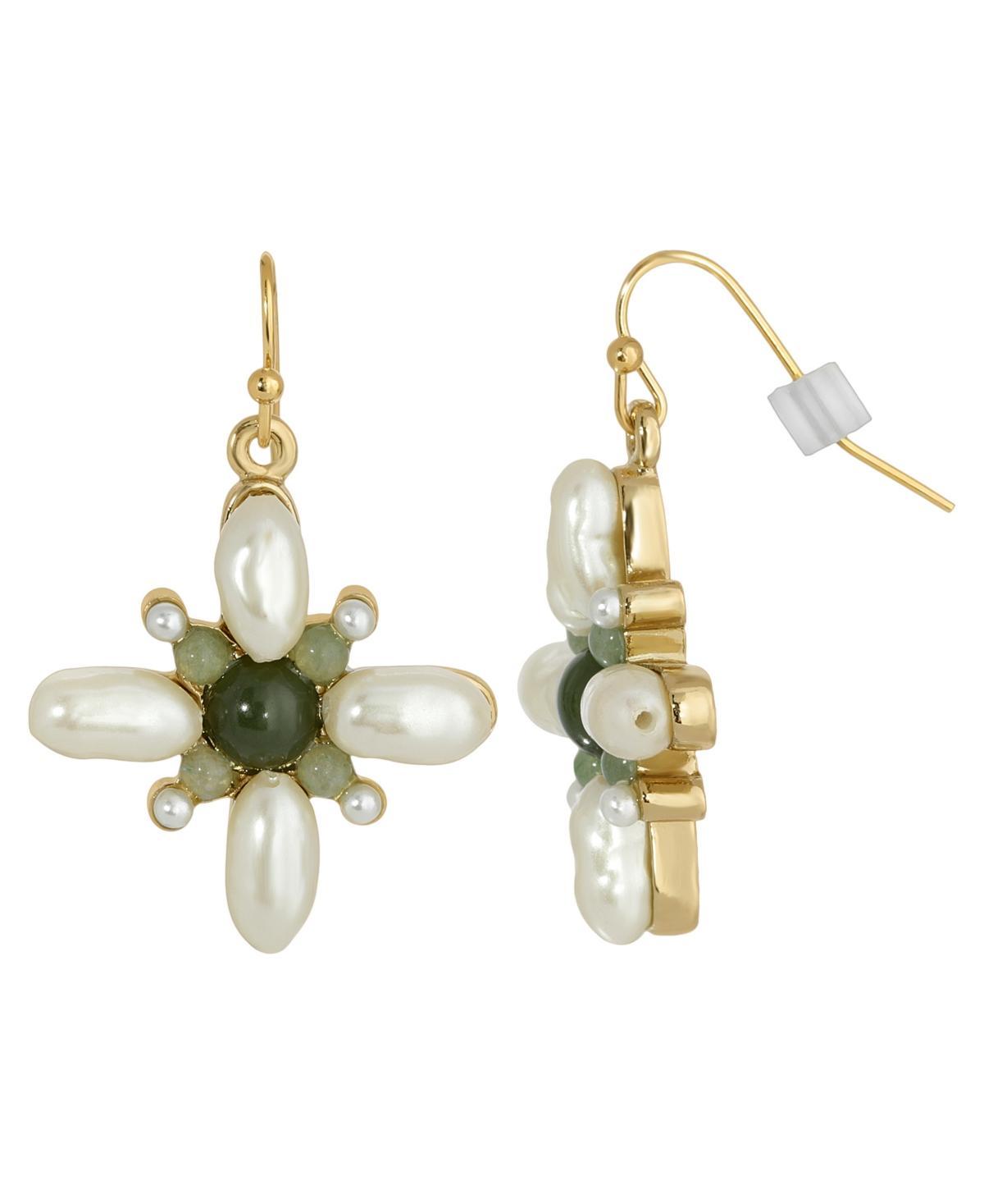 1928 Jewelry Gold Tone Faux Pearl And Aventurine Drop Earrings Product Image