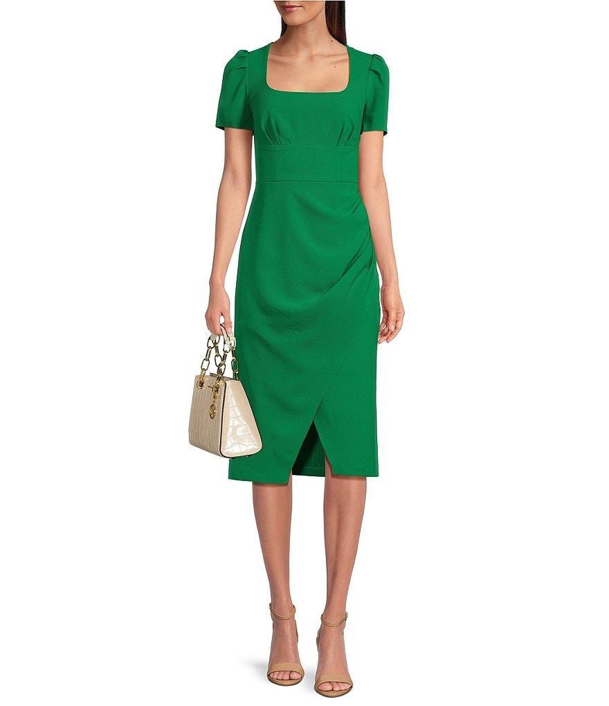 Julia Jordan Crepe Square Neck Short Sleeve Pleated Front Slit Knee Length Sheath Dress Product Image