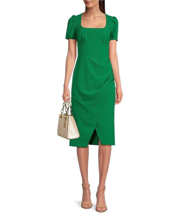 Julia Jordan Crepe Square Neck Short Sleeve Pleated Front Slit Knee Length Sheath Dress Product Image